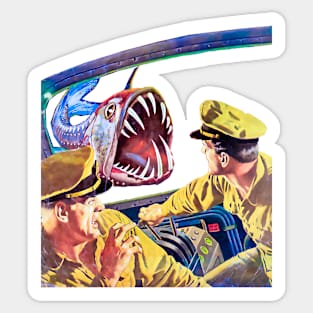 Terrifying Encounter: Two Sailors Confronted by Aquatic Monster in the Deep Ocean Depths Within Retro Vintage Submarine Sticker